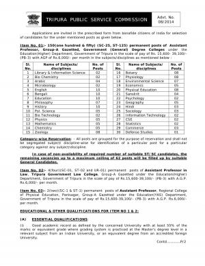 Tripura PSC Notified Recruitment for 156 Posts of Assistant Professor 2014