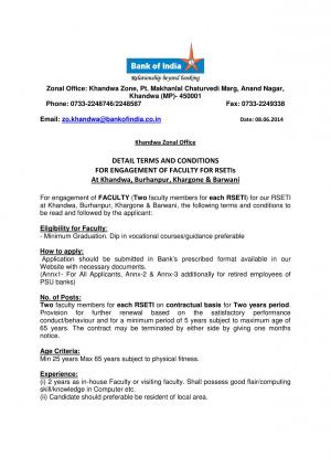 Bank of India Khandwa Notified Recruitment for 08 Faculty Posts 2014