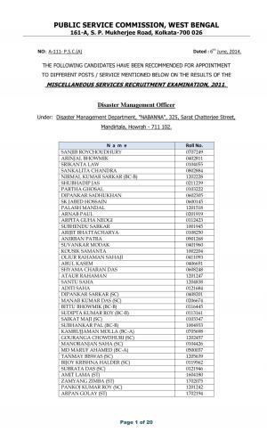 West Bengal Public Service Commission Announced the Result for Various Posts 2014