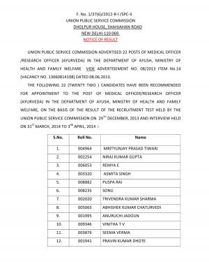 UPSC Declared the Results for Posts of Medical Officer/Research Officer