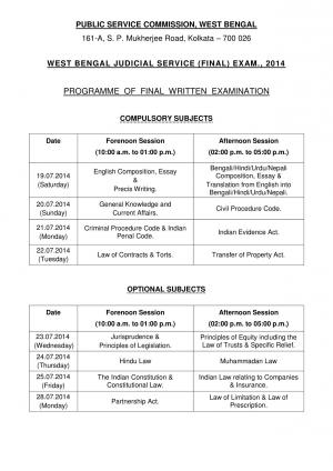 West Bengal Judicial Service (Final) Exam 2014: Written Exam Schedule