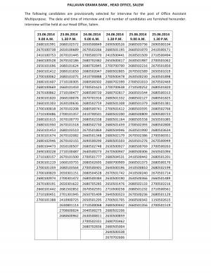 Pallavan Grama Bank Issued Interview scheduled for Office Assistant (Multipurpose) Post 2014