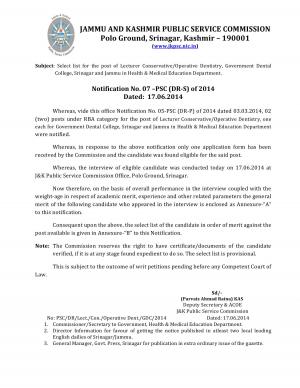 JKPSC Declared Results for Various Medical Posts 2014 Lecturer Conservative Operative Dentistry