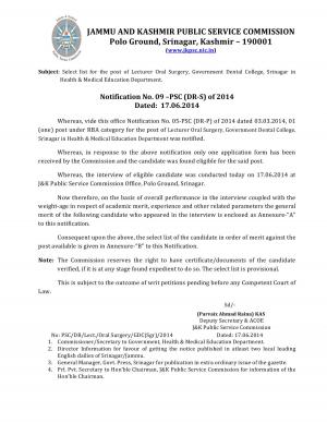 JKPSC Declared Results for Various Medical Posts 2014 Surgery