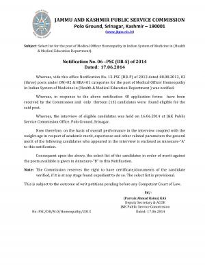 JKPSC Declared Results for Various Medical Posts 2014 Homeophotic