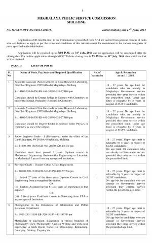 Meghalaya PSC Notified Recruitment for 133 various posts 2014