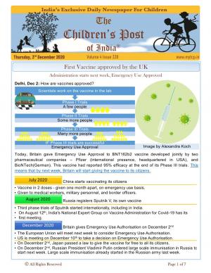 Covid Vaccine approved for emergency use - December 3rd 2020 