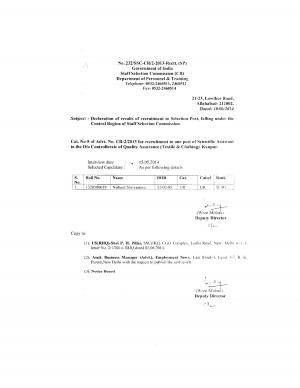 SSC (CR) Declared Result for Scientific Assistant Quality Assurance result