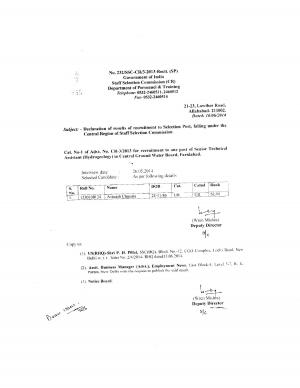 SSC (CR) Declared Result for Senior Technical Assistant (Hydrogeology) Result