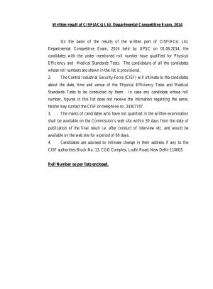 UPSC Declared Written Result of CISF (ACs) Ltd. Departmental Competitive Exam 2014