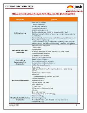Field of Specialisation for Phd in NIT Jamshedpur