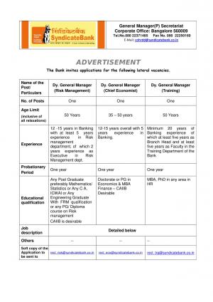 Syndicate Bank Notified Recruitment for 06 Managerial Positions 2014