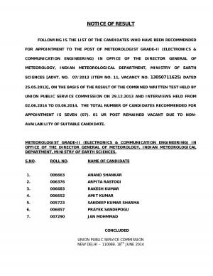 UPSC Declared Results for Meteorologist Grade – II  Posts 2014