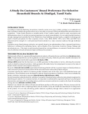 IJM-Oct11-Article2-A Study On Customers' Brand Preference Of Selective Household Brands At Dindigul, Tamil Nadu