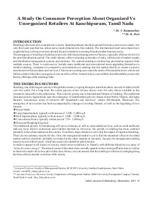 IJM-Dec11-Article2-A Study On Consumer Perception About Organized Vs Unorganized Retailers At Kanchipuram, Tamil Nadu