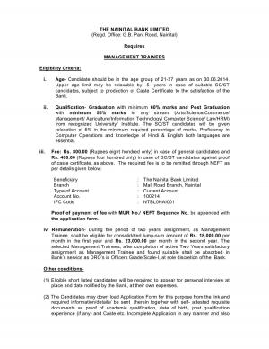 Nainital Bank Limited Notified Recruitment to the Post of Management Trainee 2014