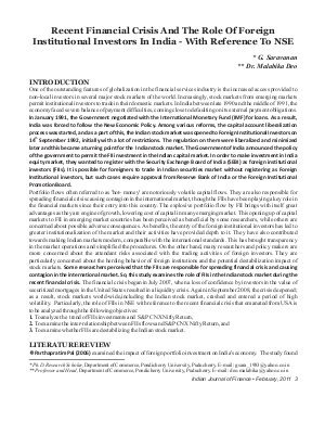 IJF-Feb11-Article1-Recent Financial Crisis And The Role of Foreign Institutional Investors In India - With Reference To NSE