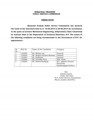 Himachal Pradesh PSC Declared Interview Results for Lecturer (Mechanical Engineering)