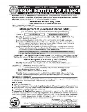 Indian Institute Of Finance Notified Admission to Management Programmes 2014