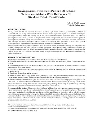 IJF-April11-Article2-Savings And Investment Pattern Of School Teachers - A Study With Reference To Sivakasi Taluk, Tamil Nadu