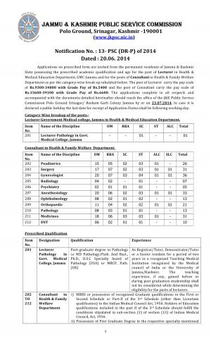 JKPSC Notified Recruitment for 227 Posts of Lecturer and Consultant 2014
