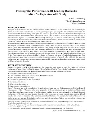 IJF-Nov11-Article3-Testing The Performance Of Leading Banks In India - An Experimental Study