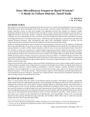 IJF-Nov11-Article6-Does Microfinance Empower Rural Women? â€“ An Empirical Study In Vellore District, Tamil Nadu