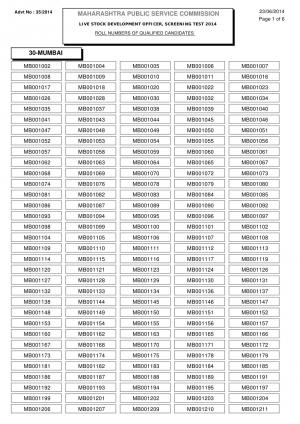 MPSC Declared Screening Test Result of Live Stock Development Officer Post 2014