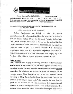 Odisha SSC Notified Recruitment for 17 Posts of Prison Welfare Officer 2014