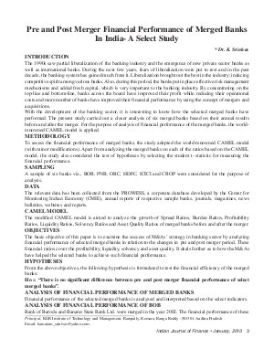 IJF-Jan10-Pre and Post Merger Financial Performance of Merged Banks In India - A Select Study
