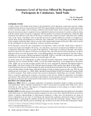 IJF-March10-Article4-Awareness Level of Services Offered By Depository Participants In Coimbatore District, Tamil Nadu