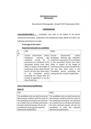 SSC Stenographer (Grade ‘C’&’D’) Examination 2014: Notice