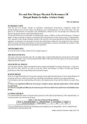 IJF-May10-Article5-Pre and Post Merger Physical Performance of Merged Banks In India - A Select Study