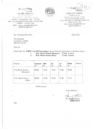 Lady Irwin College First Cut off
