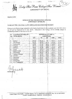 Lady Shri Ram College for Women First Cut off