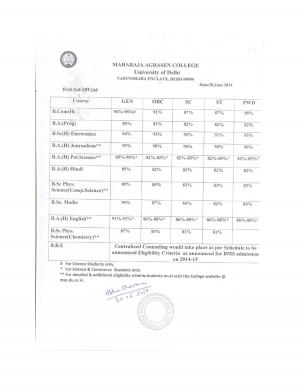 Maharaja Agrasen College First Cut off