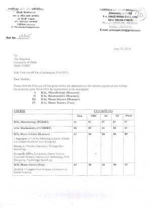 Institute of Home Economics - First Cut-off