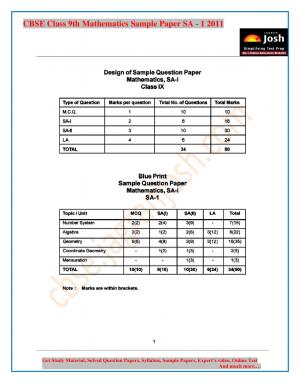 CBSE Class 9 Mathematics Sample Paper Term 1 2011