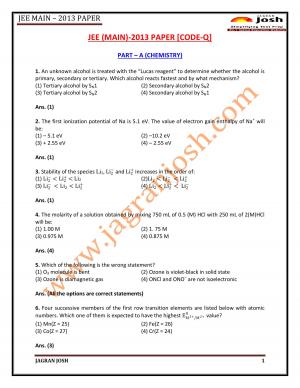 JEE Main 2013 Paper Part A Chemistry