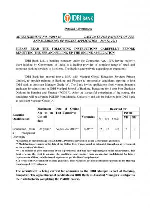 IDBI Bank Notified Recruitment for Assistant Manager Grade-A Posts 2014