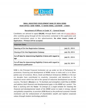 SIDBI Notified Recruitment for the Post of Assistant Manager Grade ‘A’ 2014