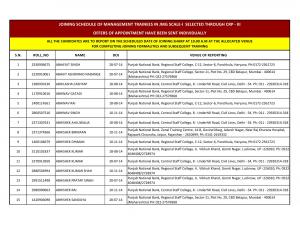 Punjab National Bank Issued Schedule of Joining for JMG Scale - I Posts