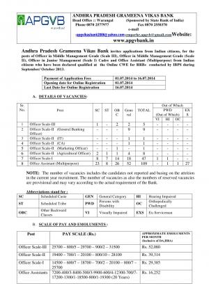 AP Grameena Vikas Bank Notified Recruitment for 181 Officer & Office Assistant Posts 2014
