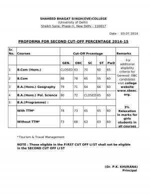 Shaheed Bhagat Singh college Evening Second Cut off 2014