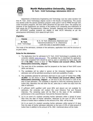North Maharashtra University Notified Admission to M. Tech – VLSI Technology 2014-15