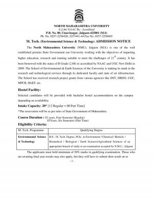 North Maharashtra University Notified Admissions to M. Tech. (Environmental Sc & Tech) 2014-15  