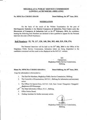 MPSC Shillong Declared Results for Sub-Inspector Statistics in District Commerce & Industries
