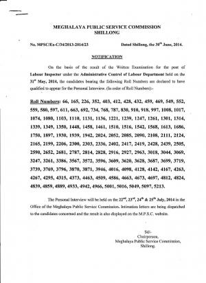 MPSC Shillong Declared Written Exam Results for Labour Inspector Posts