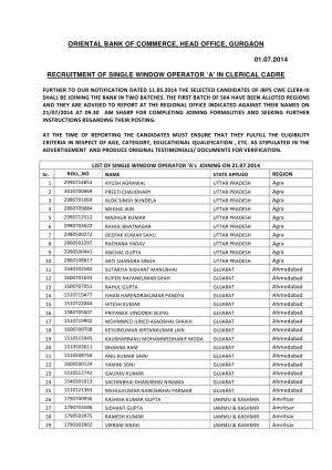 OBC Released Joining Schedule for Single Window Operator ‘A’ in Clerical Cadre Posts 2014