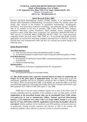 National Agri- Food Biotechnology Institute Notified Recruitment for JRF & Project Assistant Posts 2014